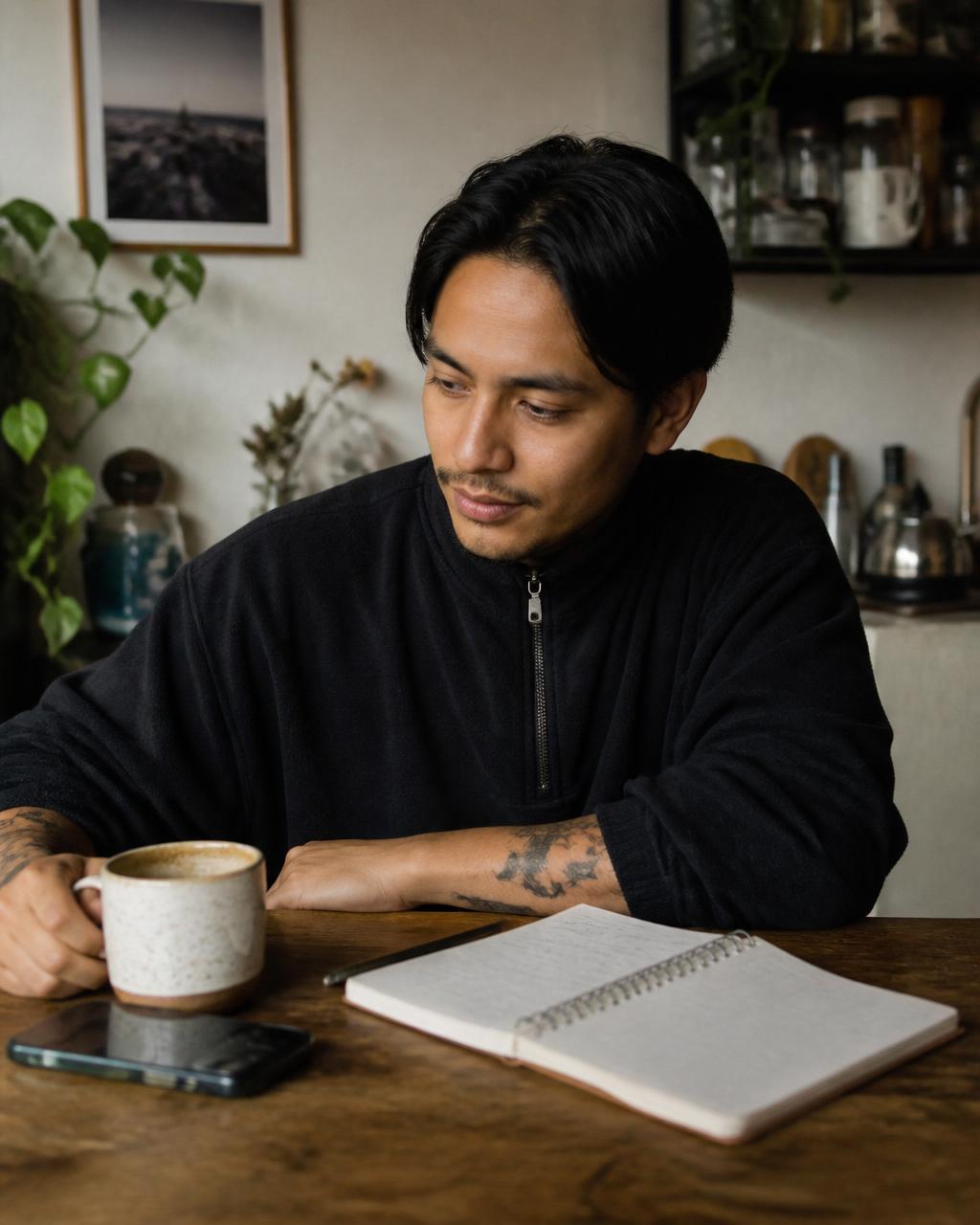 Persona en un momento cotidiano de pausa, con una taza y un cuaderno